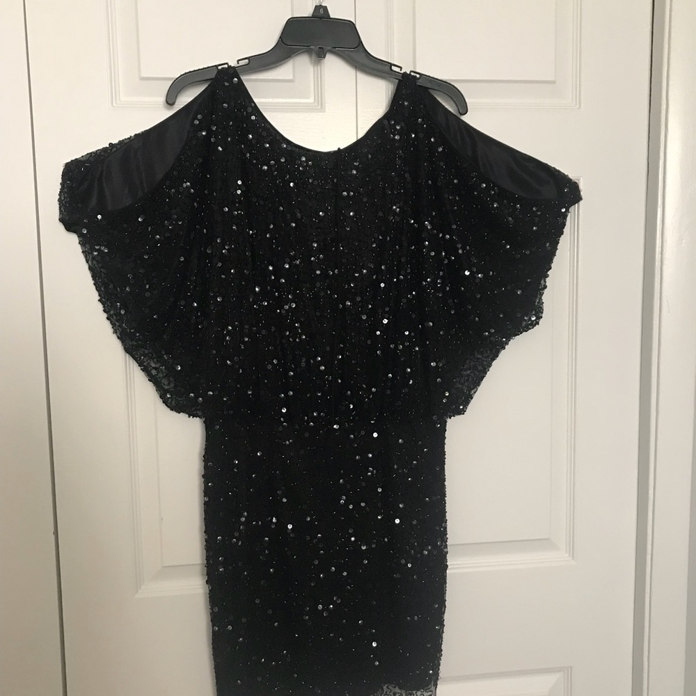 Aidan Mattox black sequin cold shoulder dress